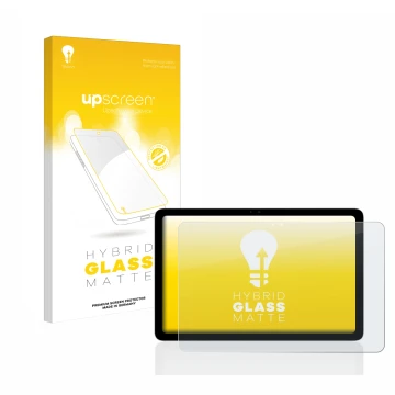 Face avant d’un emballage produit avec le logo de la marque upscreen. À côté, l’appareil Google Pixel Tablet est représenté av