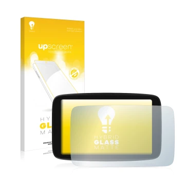 Face avant d’un emballage produit avec le logo de la marque upscreen. À côté, l’appareil TomTom GO Camper Max est représenté a