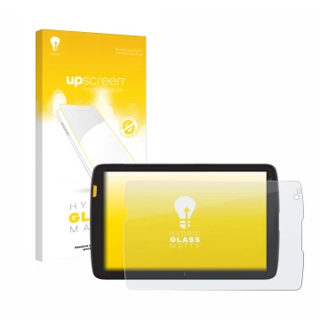 Face avant d’un emballage produit avec le logo de la marque upscreen. À côté, l’appareil Zebra ET45 8