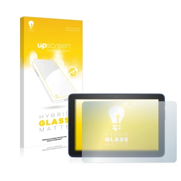 Face avant d’un emballage produit avec le logo de la marque upscreen. À côté, l’appareil Amazon Fire HD 8 Plus 2022 est représ