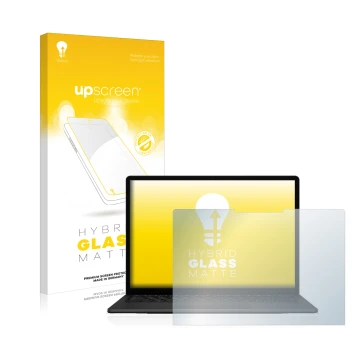 Face avant d’un emballage produit avec le logo de la marque upscreen. À côté, l’appareil Microsoft Surface Laptop 5 15