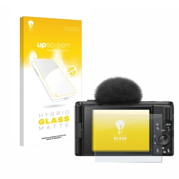 Face avant d’un emballage produit avec le logo de la marque upscreen. À côté, l’appareil Sony ZV-1F est représenté avec la pro