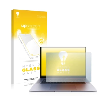 Face avant d’un emballage produit avec le logo de la marque upscreen. À côté, l’appareil Huawei MateBook 16s est représenté av