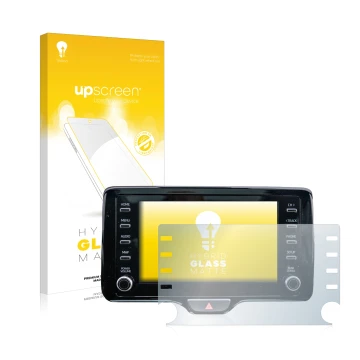 Face avant d’un emballage produit avec le logo de la marque upscreen. À côté, l’appareil Toyota Yaris Cross 8