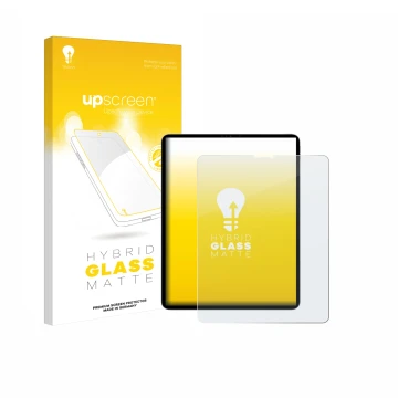 Face avant d’un emballage produit avec le logo de la marque upscreen. À côté, l’appareil Apple iPad Pro 12.9