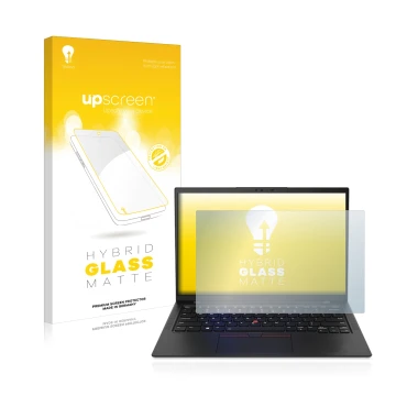 Face avant d’un emballage produit avec le logo de la marque upscreen. À côté, l’appareil Lenovo ThinkPad X1 Carbon Touch 14
