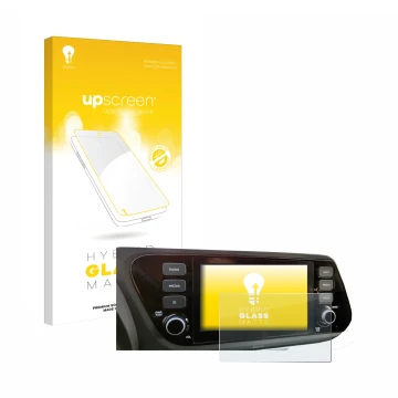 Face avant d’un emballage produit avec le logo de la marque upscreen. À côté, l’appareil Hyundai i20 2020 8