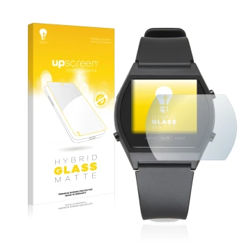 Face avant d’un emballage produit avec le logo de la marque upscreen. À côté, l’appareil Casio LW-204-1BEF est représenté avec