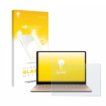 Face avant d’un emballage produit avec le logo de la marque upscreen. À côté, l’appareil Microsoft Surface Laptop Go 2 Busines