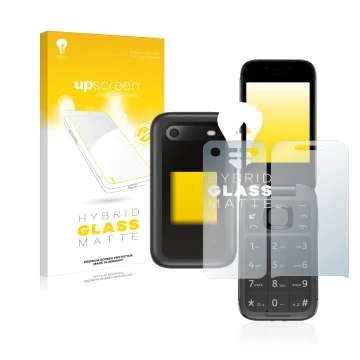 Face avant d’un emballage produit avec le logo de la marque upscreen. À côté, l’appareil Nokia 2660 Flip (Avant+Arrière) est r