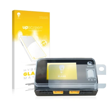 Face avant d’un emballage produit avec le logo de la marque upscreen. À côté, l’appareil ToolkitRC M6D Dual Charger est représ