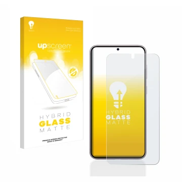 Face avant d’un emballage produit avec le logo de la marque upscreen. À côté, l’appareil Samsung Galaxy S23 est représenté ave