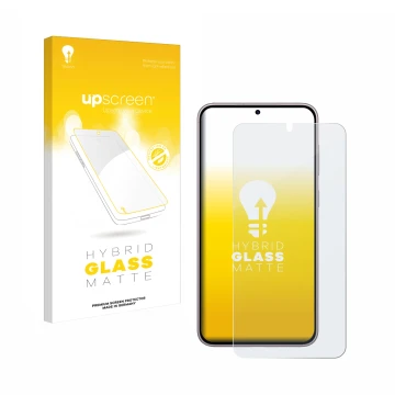 Face avant d’un emballage produit avec le logo de la marque upscreen. À côté, l’appareil Samsung Galaxy S23 Plus est représent