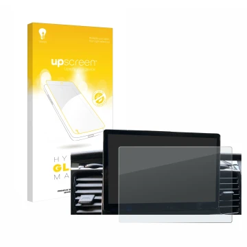 Face avant d’un emballage produit avec le logo de la marque upscreen. À côté, l’appareil Ford Transit SYNC 4 est représenté av