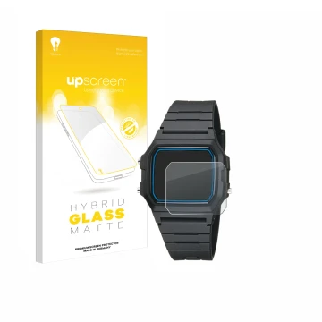 Face avant d’un emballage produit avec le logo de la marque upscreen. À côté, l’appareil Casio F-105W-1AWYEF est représenté av