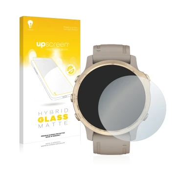Face avant d’un emballage produit avec le logo de la marque upscreen. À côté, l’appareil Garmin Fenix 6S Pro Solar est représe