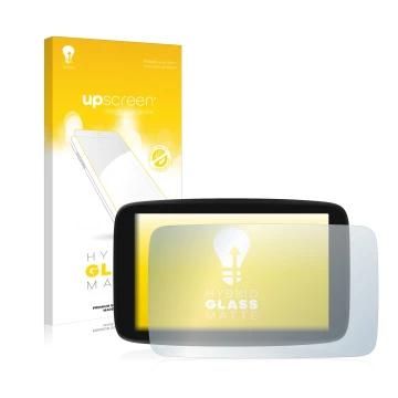 Face avant d’un emballage produit avec le logo de la marque upscreen. À côté, l’appareil TomTom GO Exclusive est représenté av