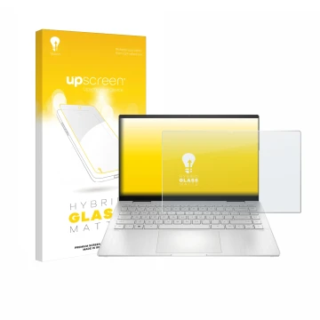 Face avant d’un emballage produit avec le logo de la marque upscreen. À côté, l’appareil HP Pavilion x360 2-in-1 (14-ekX) est 