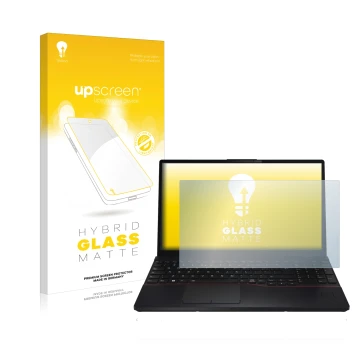 Face avant d’un emballage produit avec le logo de la marque upscreen. À côté, l’appareil Fujitsu Lifebook E5512 est représenté