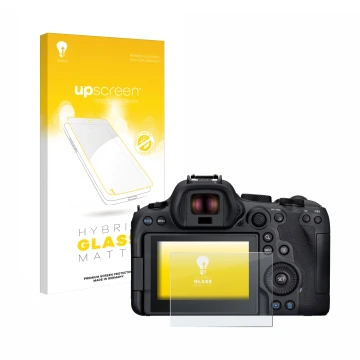 Face avant d’un emballage produit avec le logo de la marque upscreen. À côté, l’appareil Canon EOS R6 Mark II est représenté a