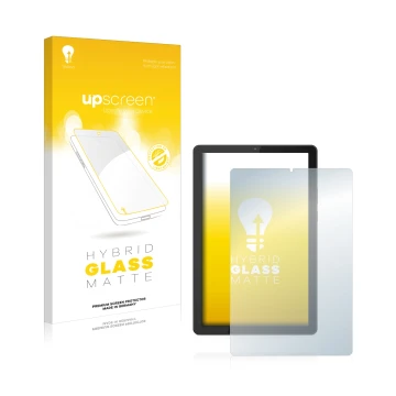 Face avant d’un emballage produit avec le logo de la marque upscreen. À côté, l’appareil Lenovo Tab M9 est représenté avec la 