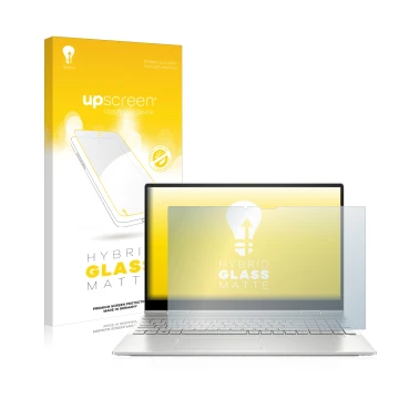 Face avant d’un emballage produit avec le logo de la marque upscreen. À côté, l’appareil HP Envy x360 2-in-1 15-ew est représe