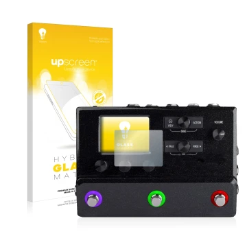 Face avant d’un emballage produit avec le logo de la marque upscreen. À côté, l’appareil Line 6 hx stomp est représenté avec l