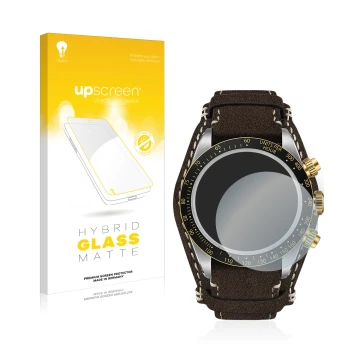Face avant d’un emballage produit avec le logo de la marque upscreen. À côté, l’appareil Tudor Black Bay Chrono 41mm est repré