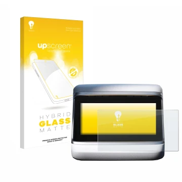 Face avant d’un emballage produit avec le logo de la marque upscreen. À côté, l’appareil Tesla Model X Plaid 2023 (Affichage a