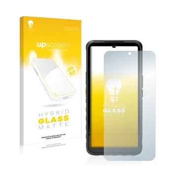 Face avant d’un emballage produit avec le logo de la marque upscreen. À côté, l’appareil Caterpillar Cat S53 5G est représenté