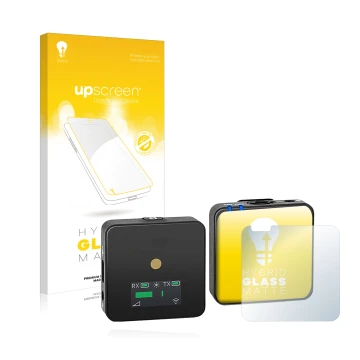 Face avant d’un emballage produit avec le logo de la marque upscreen. À côté, l’appareil Rode Wireless GO II est représenté av