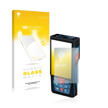 Face avant d’un emballage produit avec le logo de la marque upscreen. À côté, l’appareil Bosch GLM 150-27c est représenté avec