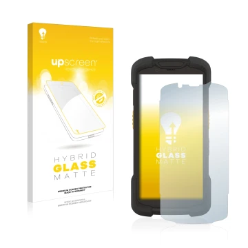 Face avant d’un emballage produit avec le logo de la marque upscreen. À côté, l’appareil Zebra TC73 est représenté avec la pro