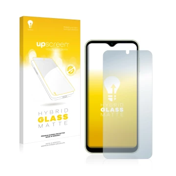 Face avant d’un emballage produit avec le logo de la marque upscreen. À côté, l’appareil Samsung Galaxy A14 5G est représenté 