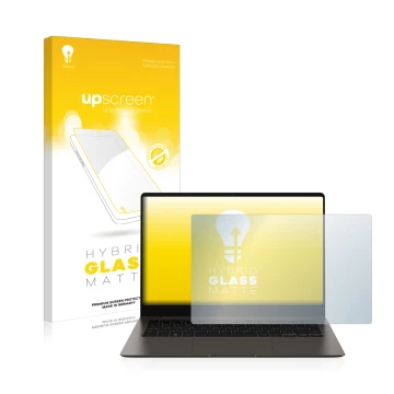 Face avant d’un emballage produit avec le logo de la marque upscreen. À côté, l’appareil Samsung Galaxy Book3 Pro 14