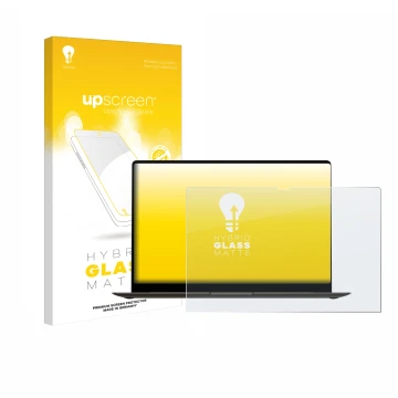 Face avant d’un emballage produit avec le logo de la marque upscreen. À côté, l’appareil Samsung Galaxy Book3 Pro 16