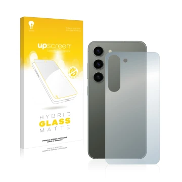 Face avant d’un emballage produit avec le logo de la marque upscreen. À côté, l’appareil Samsung Galaxy S23 (Arrière) est repr