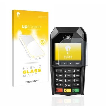 Face avant d’un emballage produit avec le logo de la marque upscreen. À côté, l’appareil ingenico Desk/1600 est représenté ave