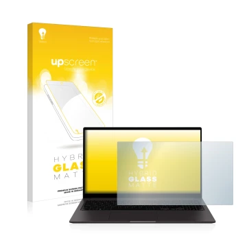 Face avant d’un emballage produit avec le logo de la marque upscreen. À côté, l’appareil Samsung Galaxy Book2 15.6