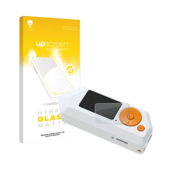 Face avant d’un emballage produit avec le logo de la marque upscreen. À côté, l’appareil Flipper Zero FZ.1 est représenté avec