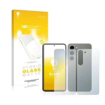 Face avant d’un emballage produit avec le logo de la marque upscreen. À côté, l’appareil Samsung Galaxy S23 (Avant+Arrière) es