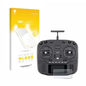 Face avant d’un emballage produit avec le logo de la marque upscreen. À côté, l’appareil Radiomaster Boxer est représenté avec