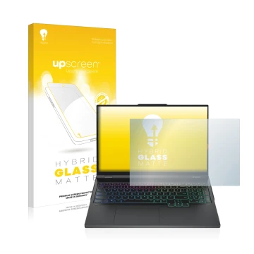 Face avant d’un emballage produit avec le logo de la marque upscreen. À côté, l’appareil Lenovo Legion Pro 7 16