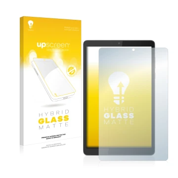 Face avant d’un emballage produit avec le logo de la marque upscreen. À côté, l’appareil Lenovo Tab M8 (4ème Gen.) est représe