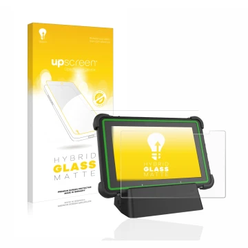 Face avant d’un emballage produit avec le logo de la marque upscreen. À côté, l’appareil Hella Gutmann Mega Macs X (tablet) es