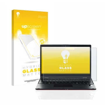 Face avant d’un emballage produit avec le logo de la marque upscreen. À côté, l’appareil Fujitsu Lifebook U9311X est représent