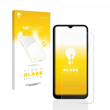 Face avant d’un emballage produit avec le logo de la marque upscreen. À côté, l’appareil Nokia C32 est représenté avec la prot