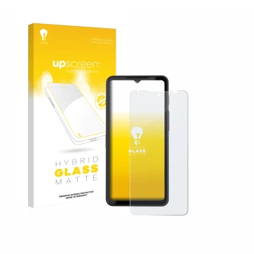 Face avant d’un emballage produit avec le logo de la marque upscreen. À côté, l’appareil Caterpillar Cat S75 est représenté av