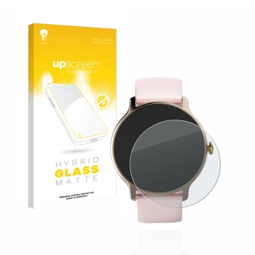 Face avant d’un emballage produit avec le logo de la marque upscreen. À côté, l’appareil Hama Fit Watch 4910 est représenté av
