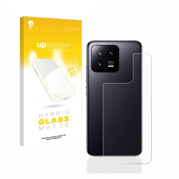 Face avant d’un emballage produit avec le logo de la marque upscreen. À côté, l’appareil Xiaomi 13 (Arrière) est représenté av